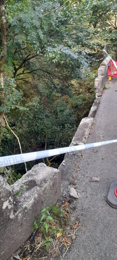 View into Lydford Gorge, showing the missing parapet to Lydford Bridge